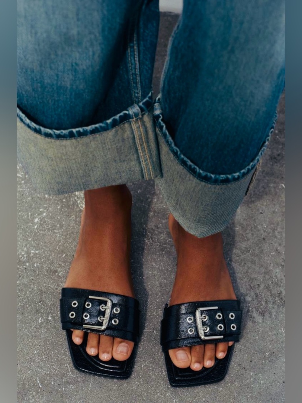 Zara Size 10 / 41 Buckled Flat Slide Sandals Black Faux Patent Leather